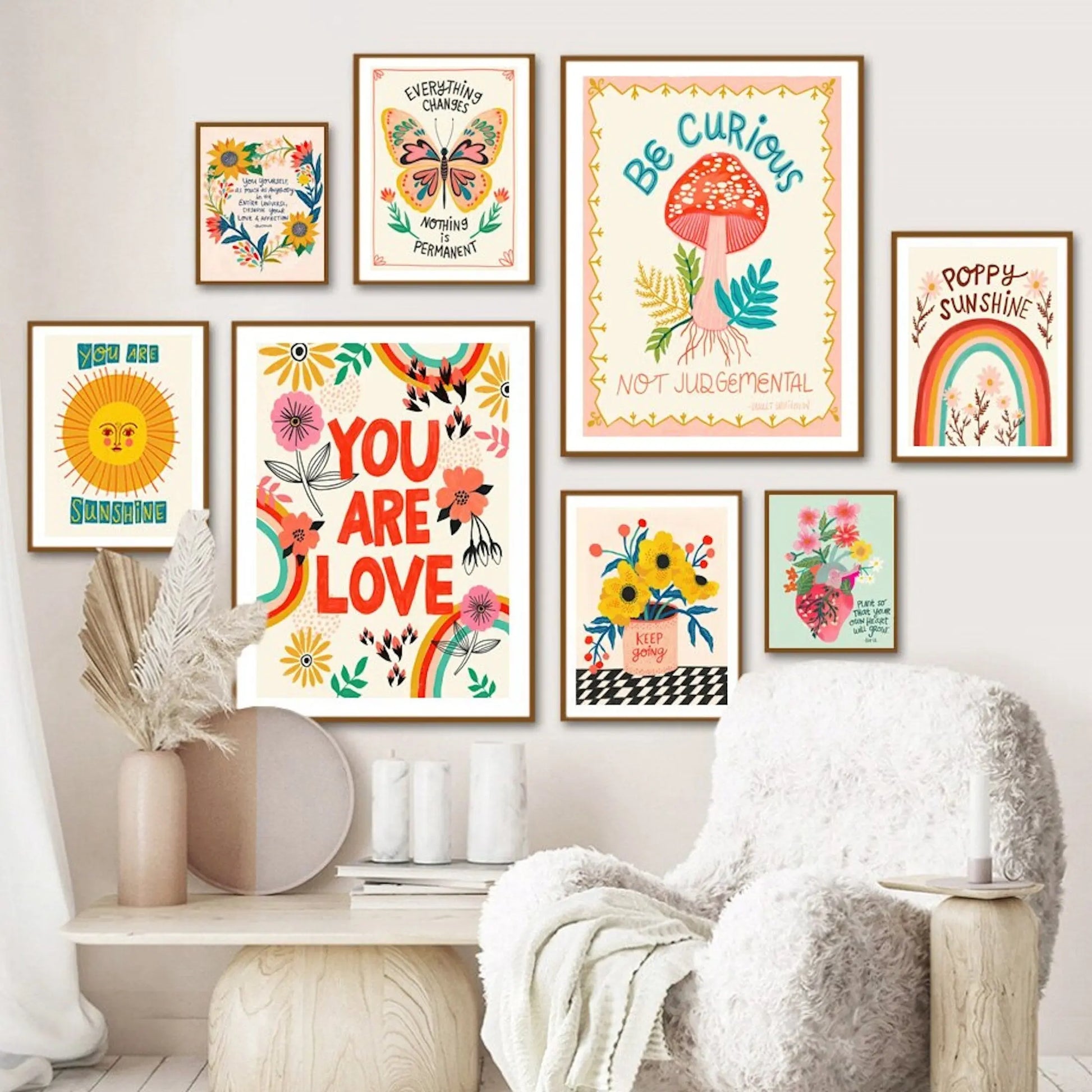 Poster Kinderzimmer Bilder Bunt und Fröhlich Schmetterlinge Sonne Taube Blumenkranz als Deko Print ohne Rahmen-0