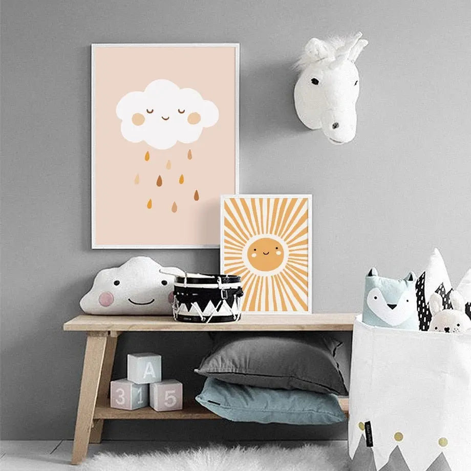 Poster Kinderzimmer Bilder Sonnenstrahlen Blumen Regenbogen und Regen Wolk als Deko Print ohne Rahmen-3