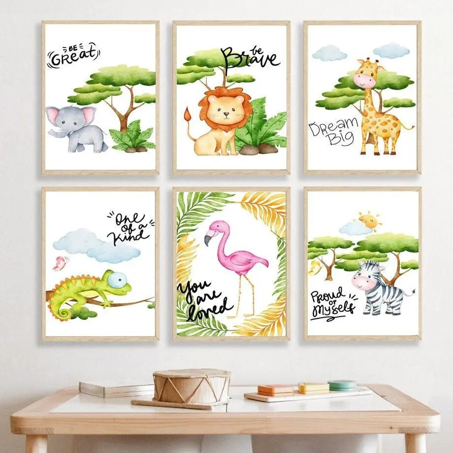 Poster Kinderzimmer Dschungel Tiere Zeichentrick I Kinderzimmer Bilder I Wand Deko I Kunst Druck I Deko Print I ohne Rahmen-0