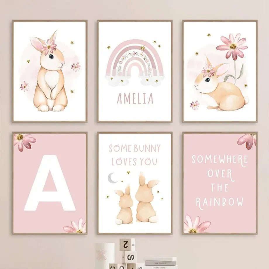 Poster Kinderzimmer Regenbogen Hase Name Personalisiert Rosa I Kinderzimmer Bilder I Wand Deko I Kunst Druck I Deko Print I ohne Rahmen-0