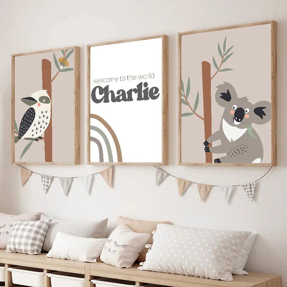 Poster Kinderzimmer Tiere Australien Kangaroo Koala Bär I Kinderzimmer Bilder I Wand Deko I Kunst Druck I Deko Print I ohne Rahmen-1