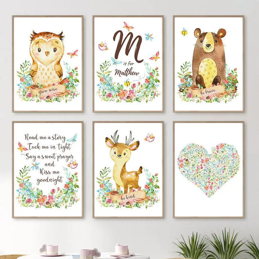 Poster Kinderzimmer Tiere Eule Bär Reh I Name Personalisiert I Kinderzimmer Bilder I Wand Deko I Kunst Druck I Deko Print I ohne Rahmen-0