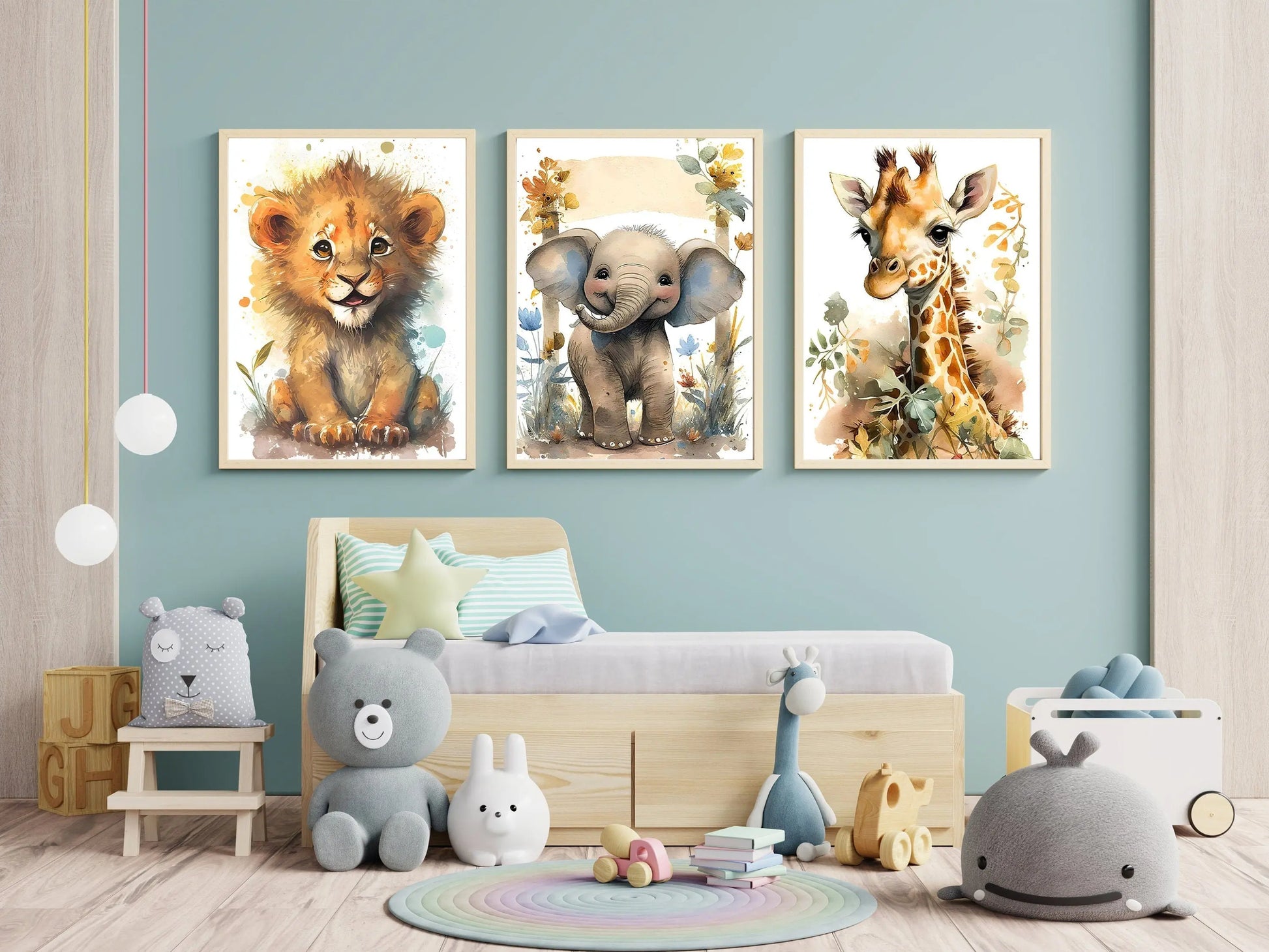 Poster Kinderzimmer Tiere Wald Dschungel Aquarell Löwe Elefant I Kinderzimmer Bilder I Wand Deko I Kunst Druck I Deko Print I ohne Rahmen-1