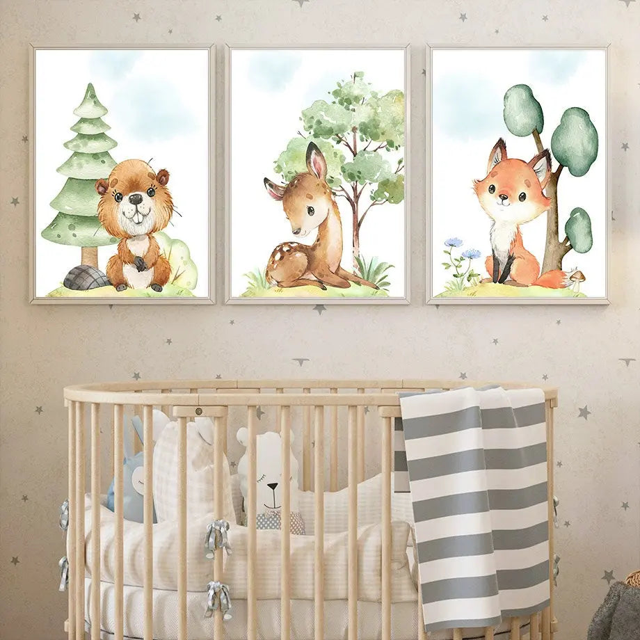 Poster Kinderzimmer Waldtiere Bäume I Kinderzimmer Bilder I Wand Deko I Kunst Druck I Deko Print I ohne Rahmen-1