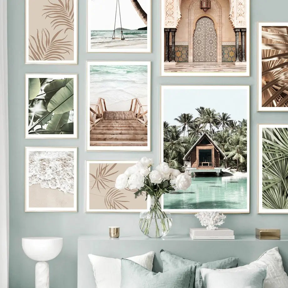 Poster Meer Blätter Überwasser Bungalow Strandschaukel I Wandbilder Wohnzimmer & Schlafzimmer I  Deko Print Bilder I ohne Rahmen-0