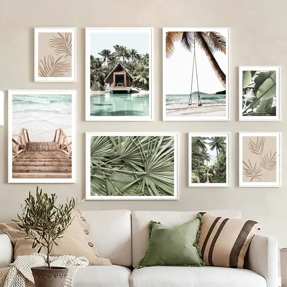 Poster Meer Blätter Überwasser Bungalow Strandschaukel I Wandbilder Wohnzimmer & Schlafzimmer I  Deko Print Bilder I ohne Rahmen-0