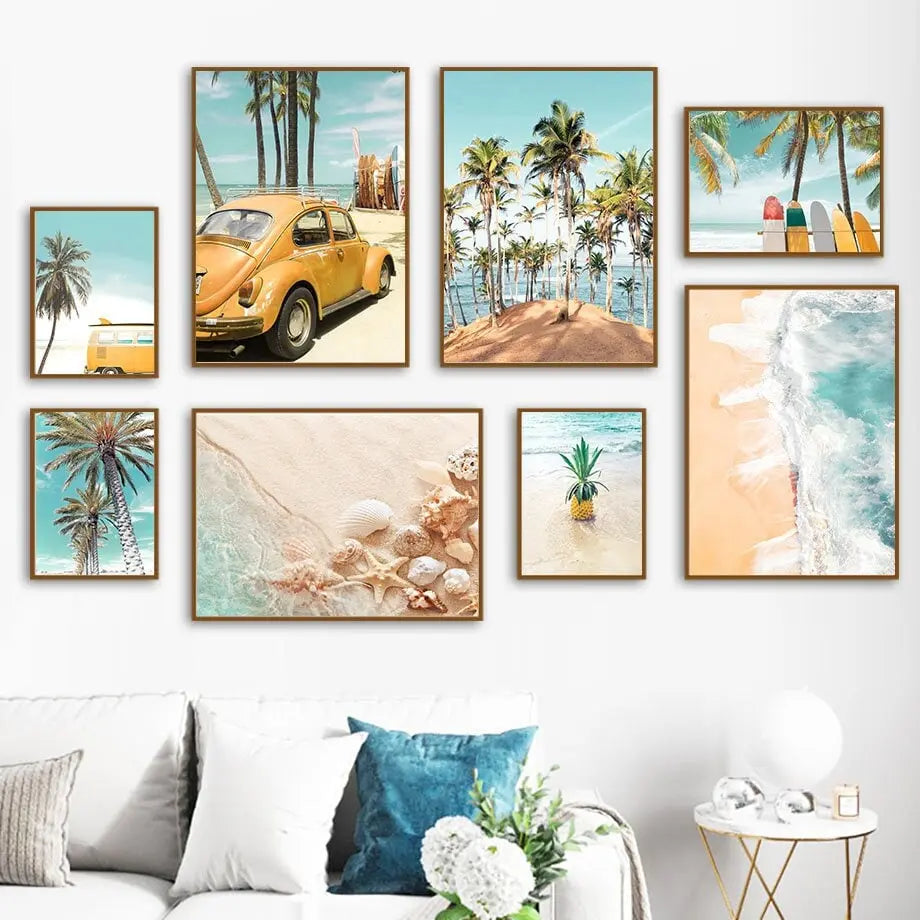 Poster Palmen Strand Muscheln Käfer Surfbretter Ananas I Wandbilder Wohnzimmer & Schlafzimmer I  Wand Deko I Kunst Druck I ohne Rahmen-0