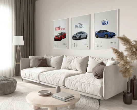 Poster Sportwagen  BMW LOTUS SUBARU Klassiker Legenden I Geschenk für ihn I Wohnzimmmer & Büro I Wand Deko I Print ohne Rahmen-0