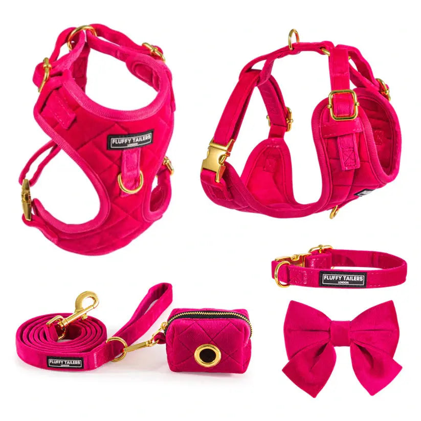 Pretty in Pink Collection- Dog Harness, Collar, Bow Tie, Lead and Poop Bag Holder by Fluffy Tailers - Memoriex