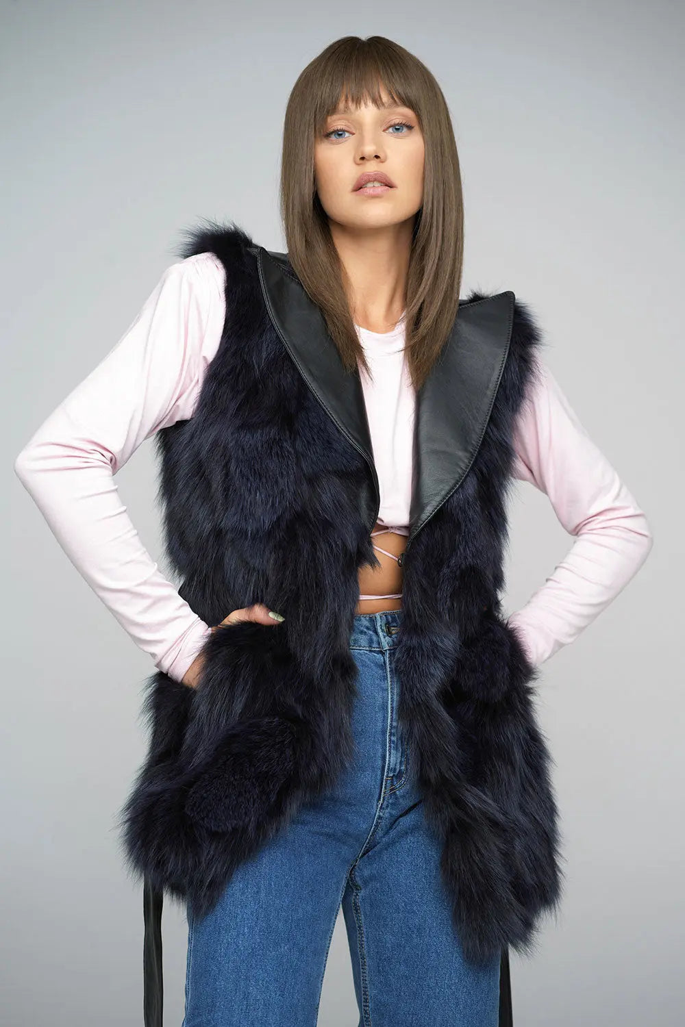 Purple Genuine Fox Fur Vest with Leather Belt-2