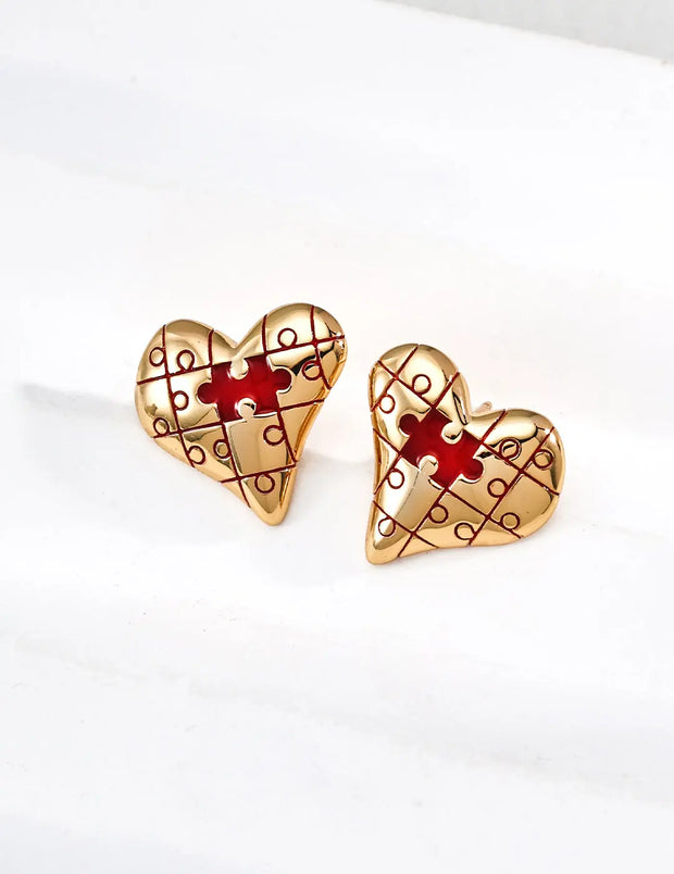 Puzzle Heart Love Stud Earrings-1