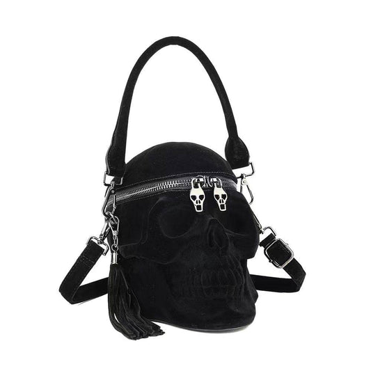 3D Bags Black Suede Skull Cross Body Shoulder Bag Mini Handle Handbags-0