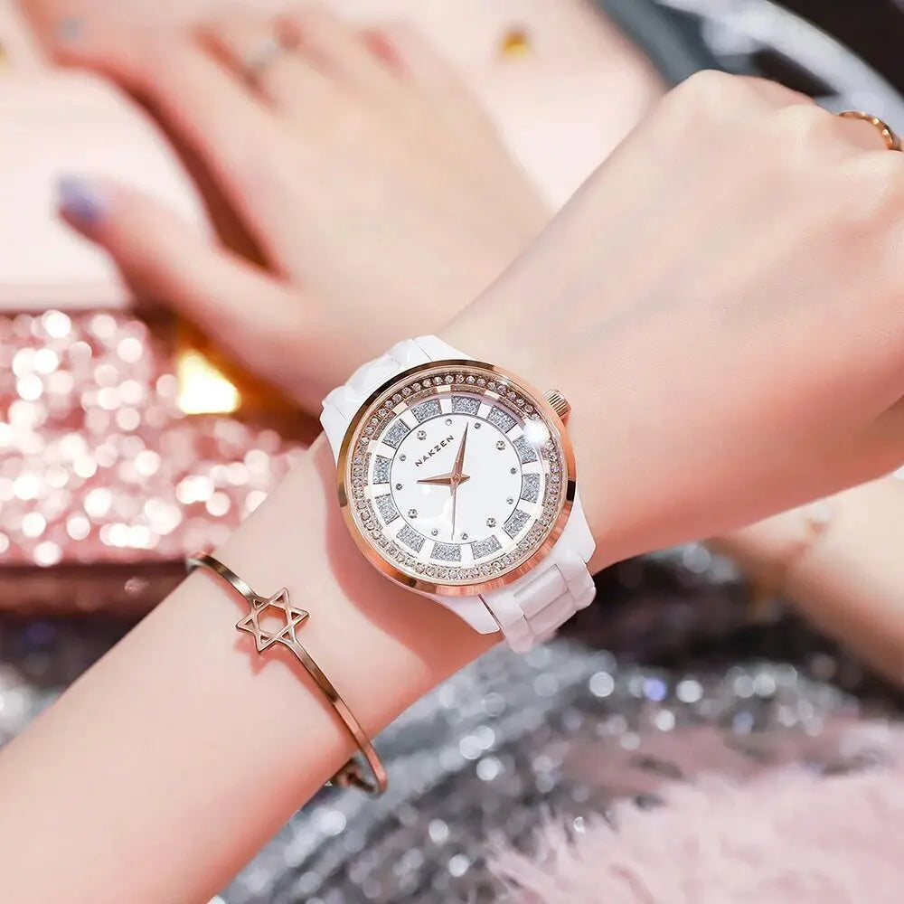 NAKZEN Design Quartz Ladies Watch High Quality Ceramic Bracelet White Watches Luxury Diamond Clock Gifts for Women Relojes De Mu-2