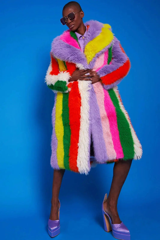 Rainbow Faux Fur Hand Crafted Eco Bamboo Maxi Coat-0