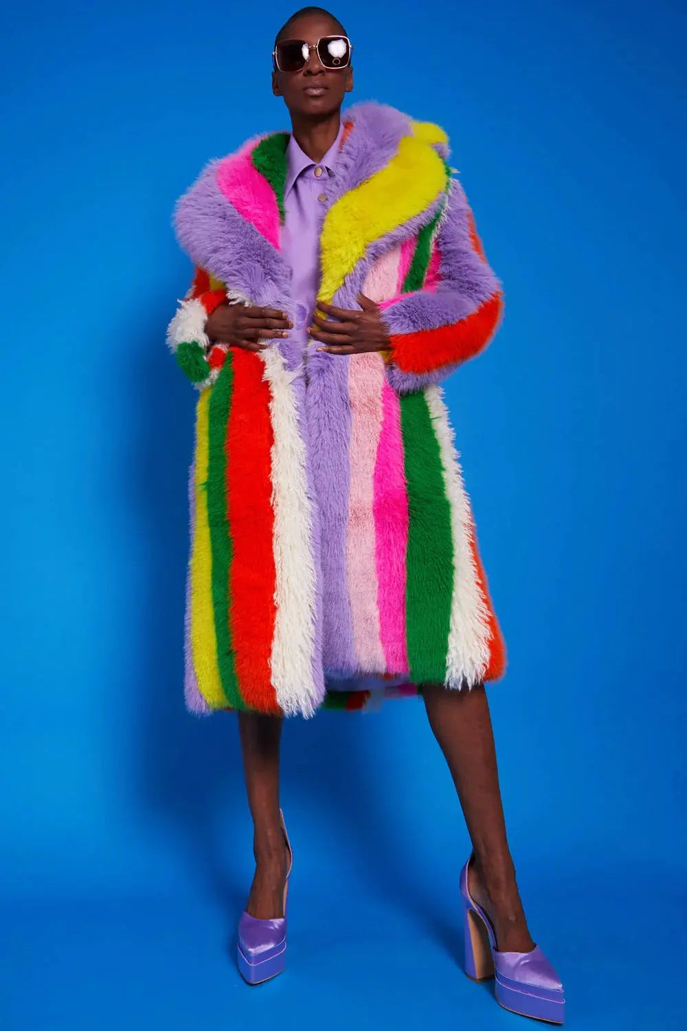 Rainbow Faux Fur Hand Crafted Eco Bamboo Maxi Coat-3