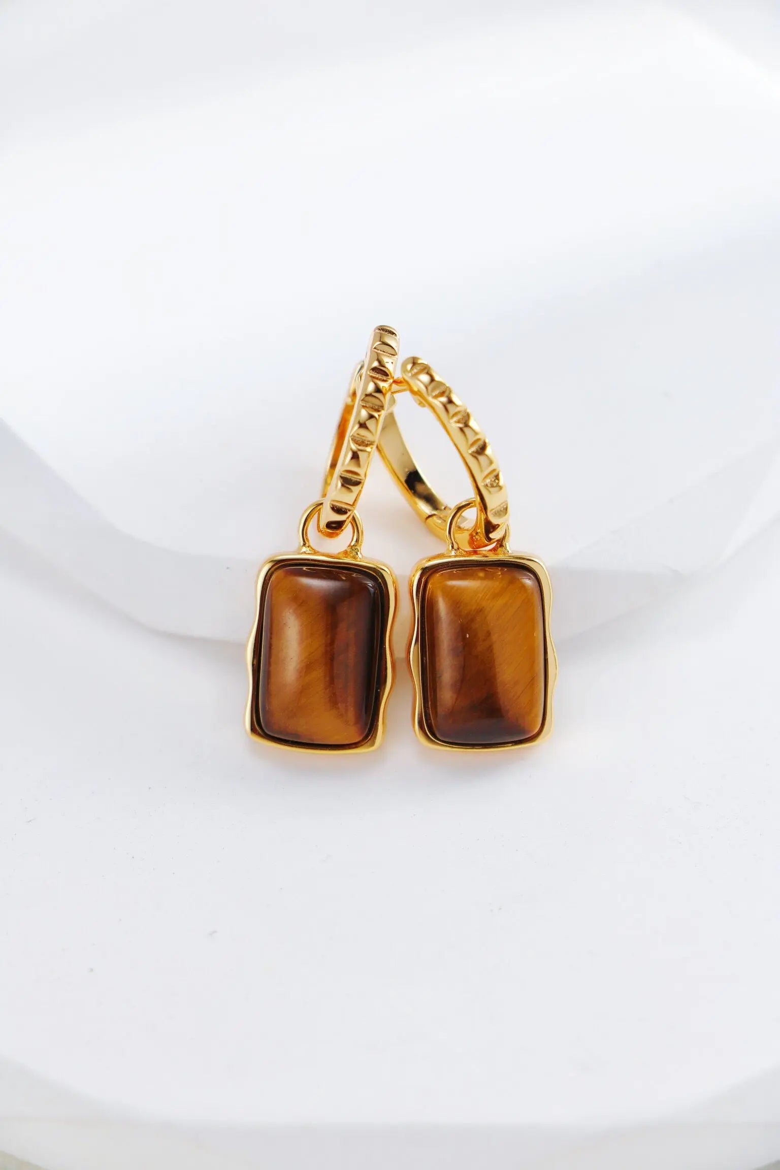 Rectangle Shape Tiger Eye Long Earrings-1