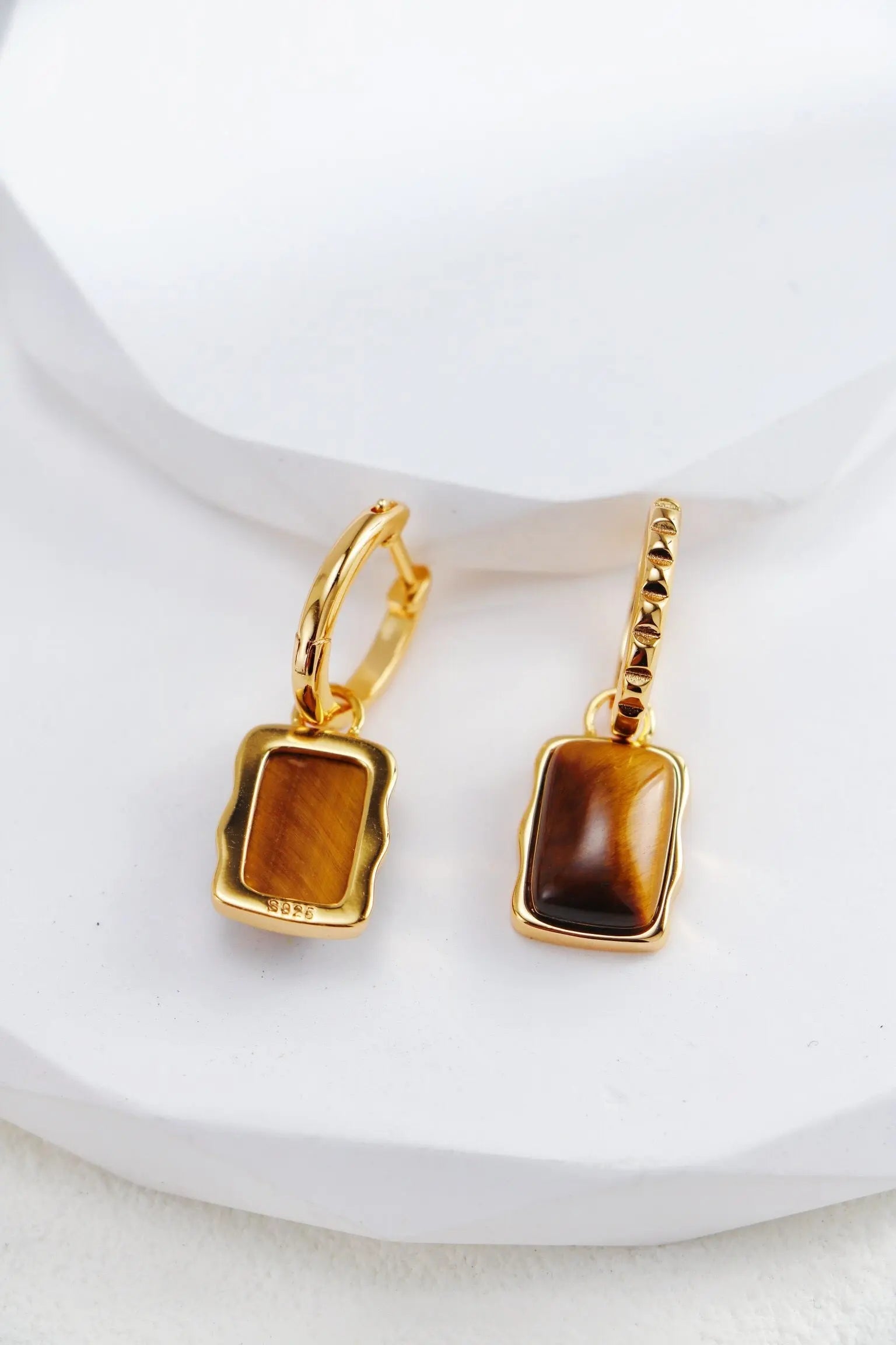 Rectangle Shape Tiger Eye Long Earrings-2