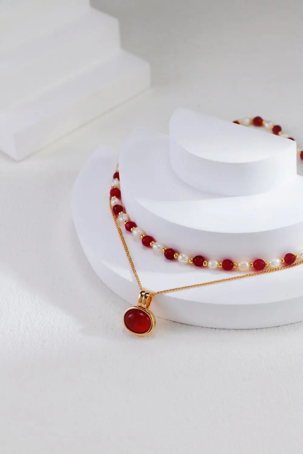 Red Beaded With Baroque Pearl Necklace-5