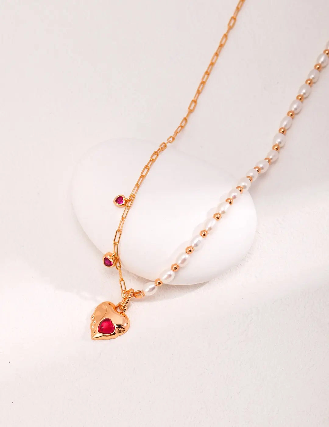 Red Corundum Heart With Pearl Necklace - Memoriex