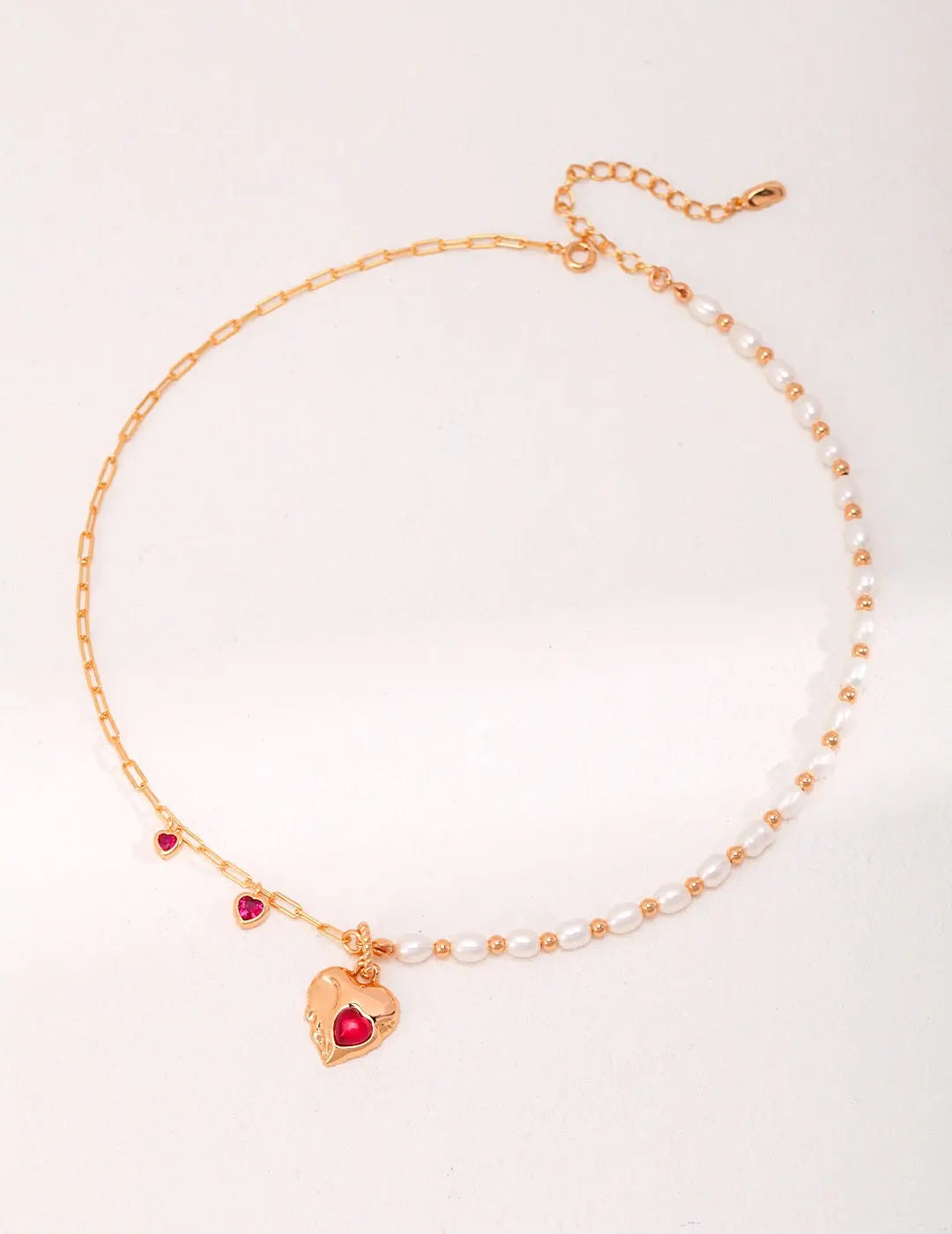 Red Corundum Heart With Pearl Necklace - Memoriex