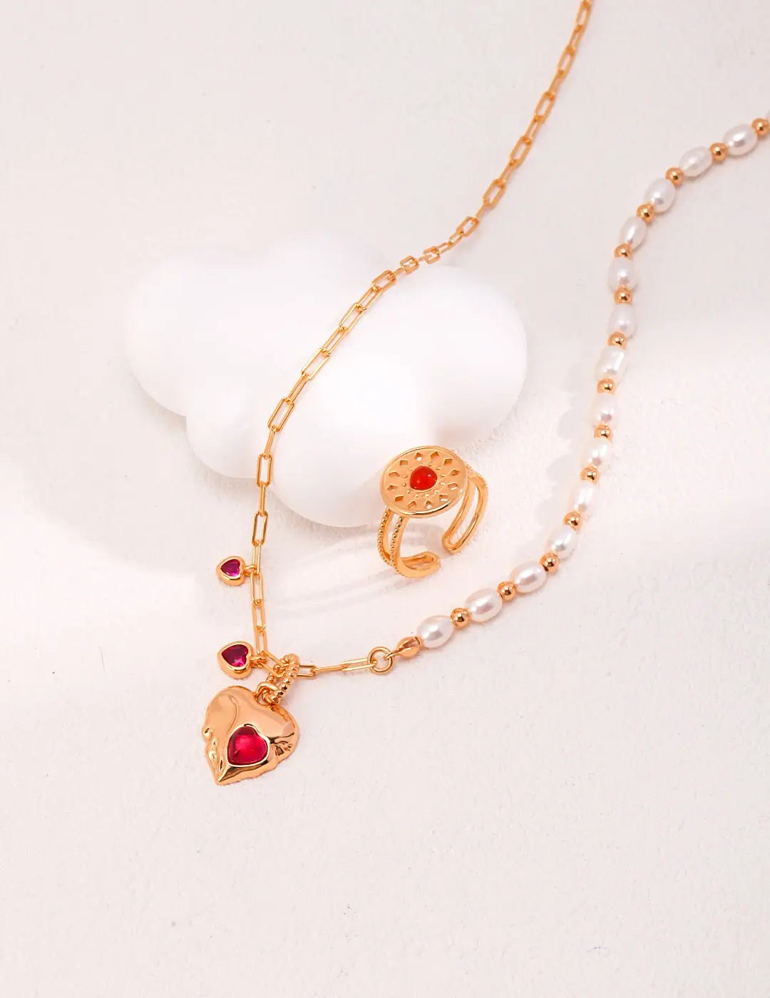 Red Corundum Heart With Pearl Necklace - Memoriex