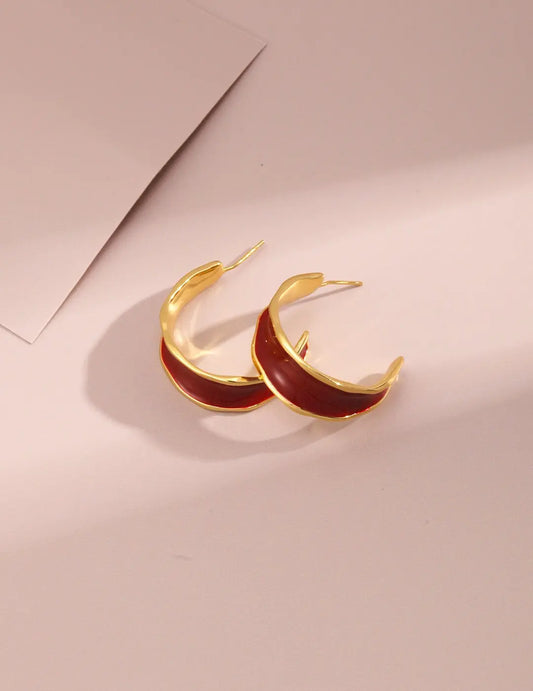 Red Drip Glaze C Shape Earrings-0