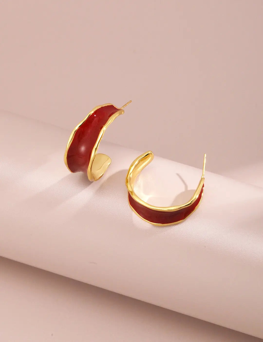 Red Drip Glaze C Shape Earrings-2