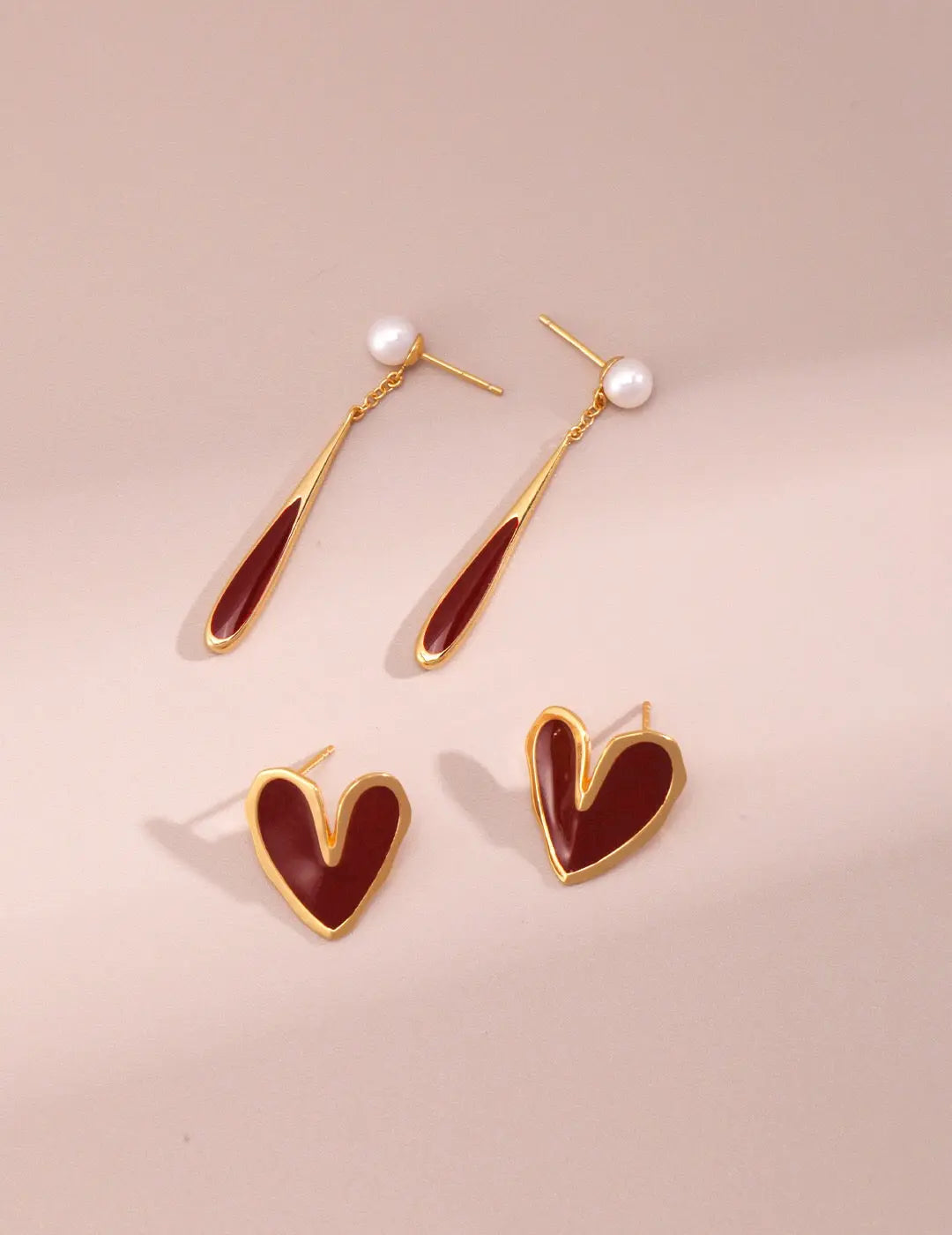 Red Drip Glaze Folded Love Heart Earrings-2