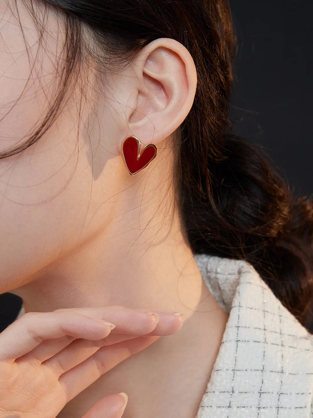 Red Drip Glaze Folded Love Heart Earrings-4