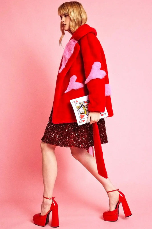 Red Eco Bamboo Faux Fur Coat with Love Heart Detailing-0