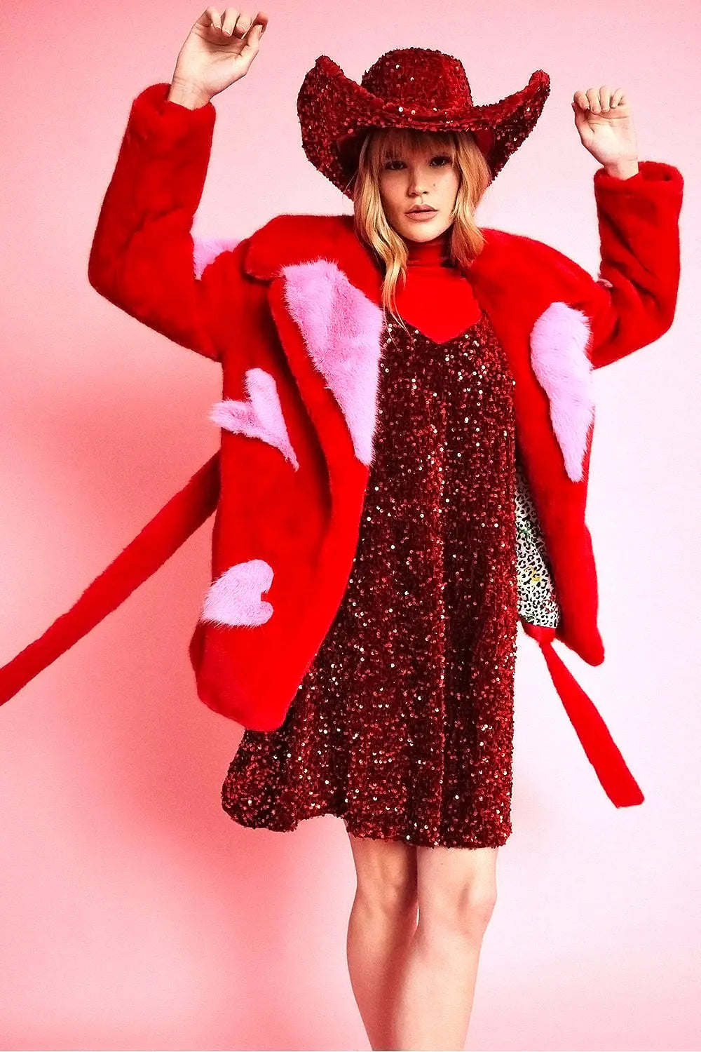 Red Eco Bamboo Faux Fur Coat with Love Heart Detailing-2