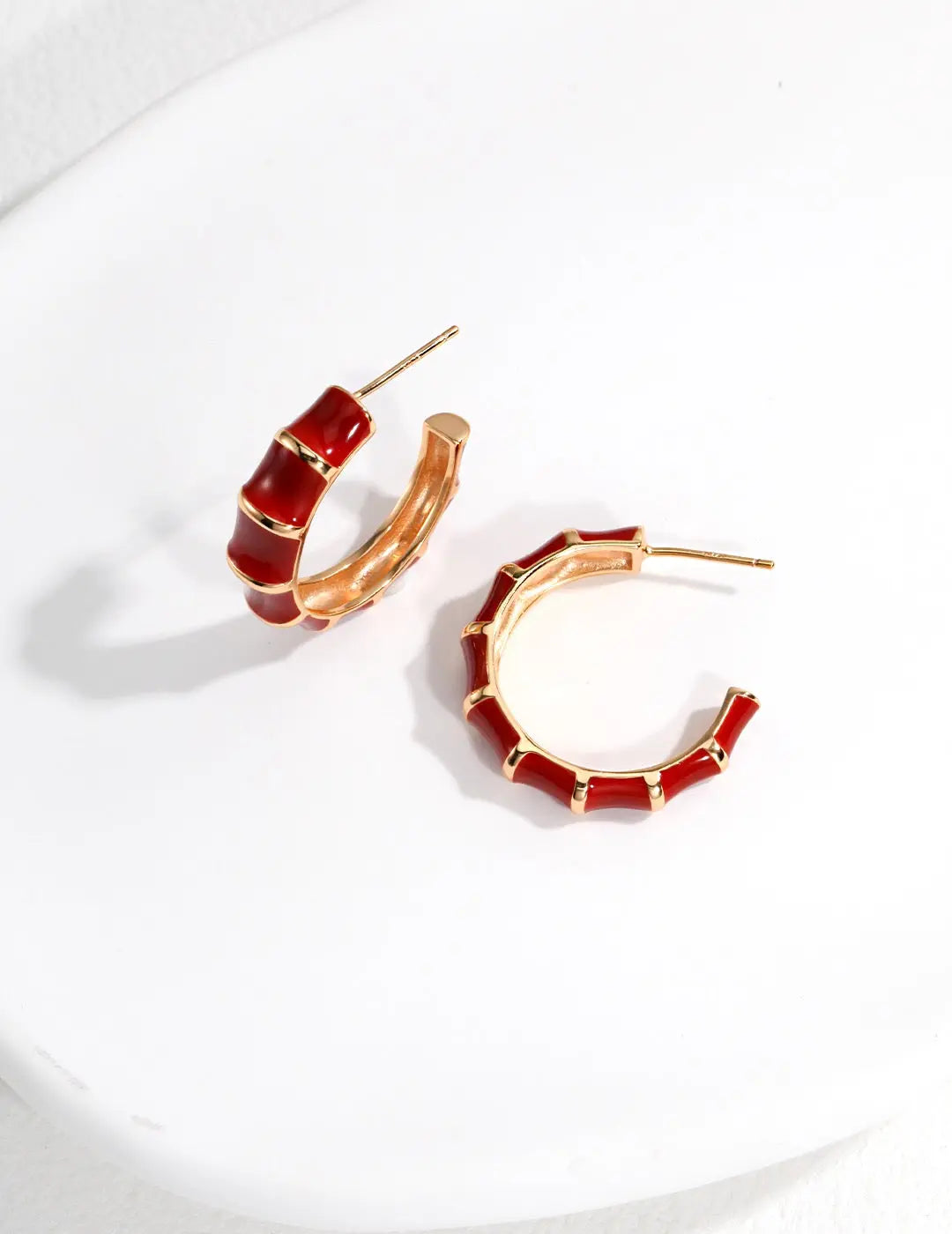 Red Enamel Glaze Bamboo Earrings-1