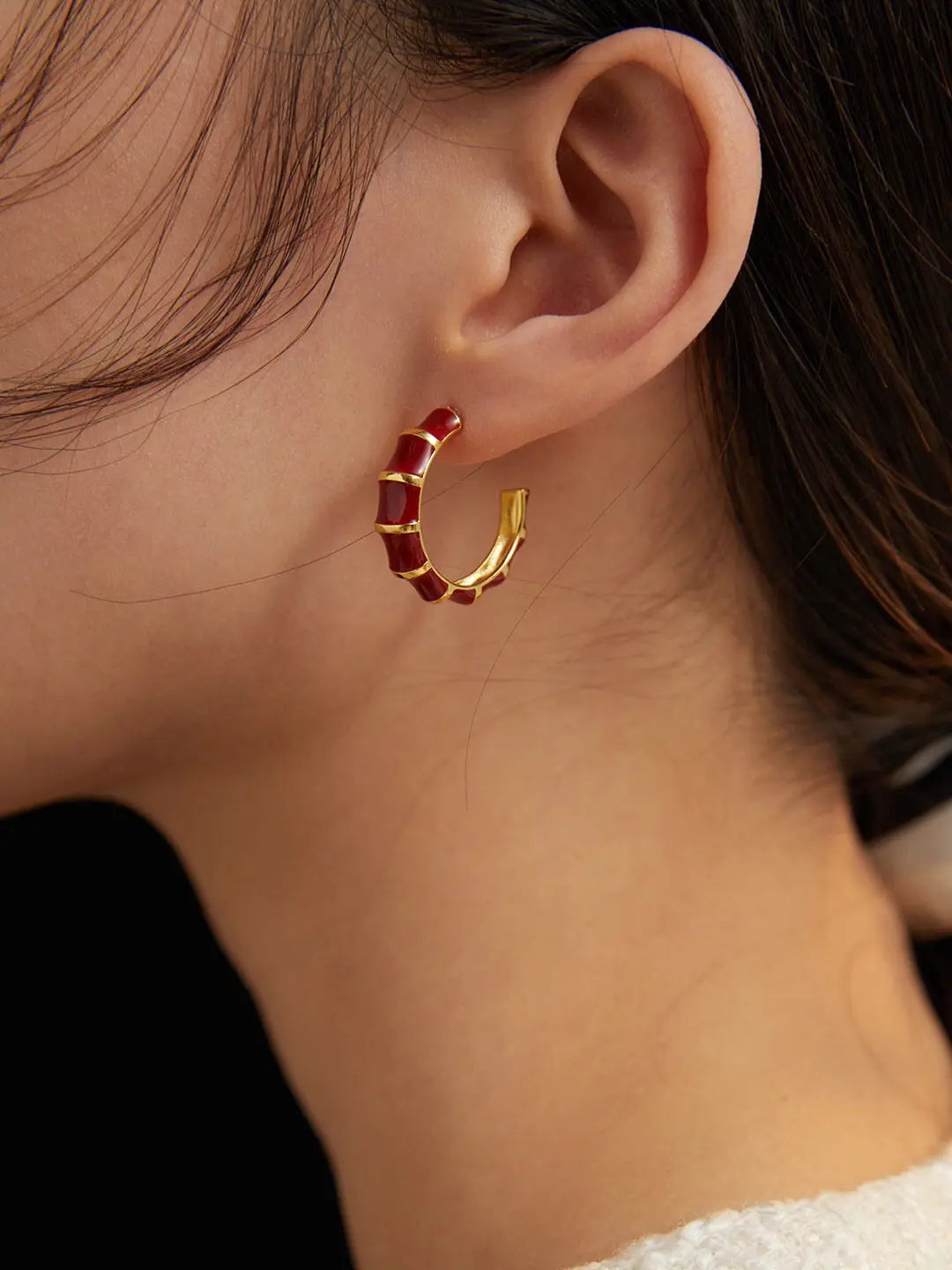 Red Enamel Glaze Bamboo Earrings-6