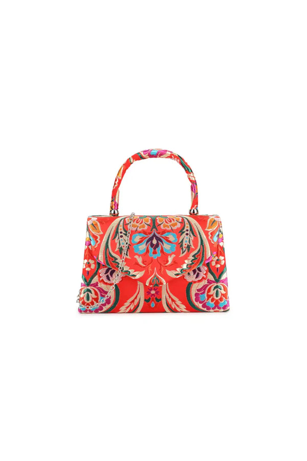 Red Floral Satin Small Top Handle Bag-0