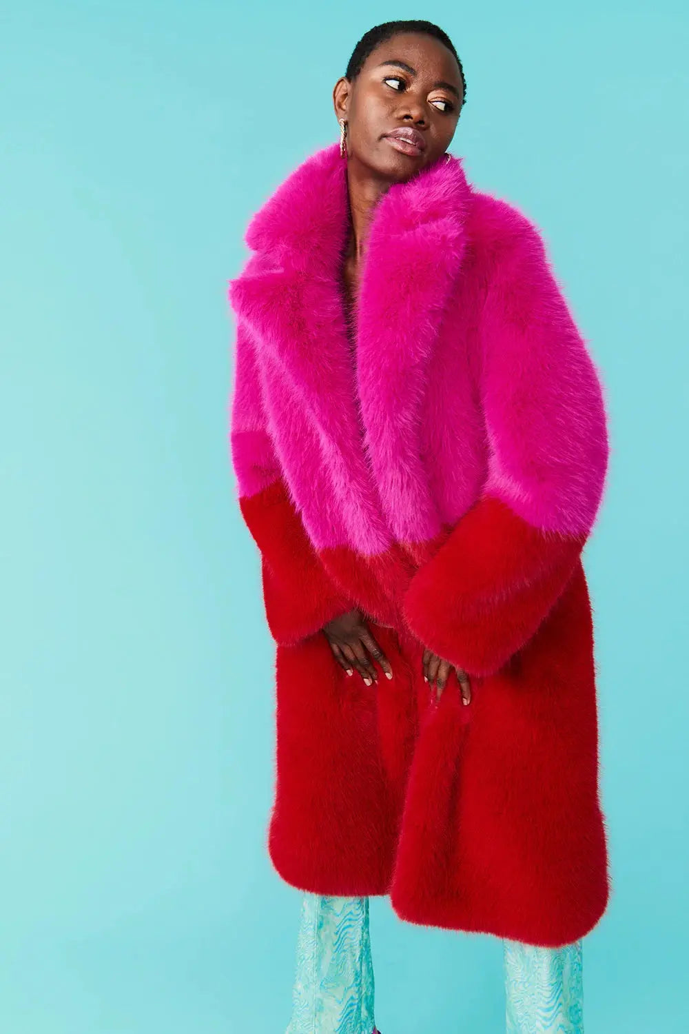 Red Pink Faux Fur Bamboo Coat-1