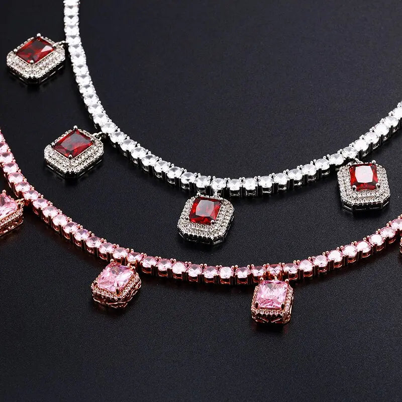 Red Pink Square Gem Stone Tennis Chain Luxury Charm Choker For Women Ladies Necklaces Party Dress Accessiory For Wedding Chain-1