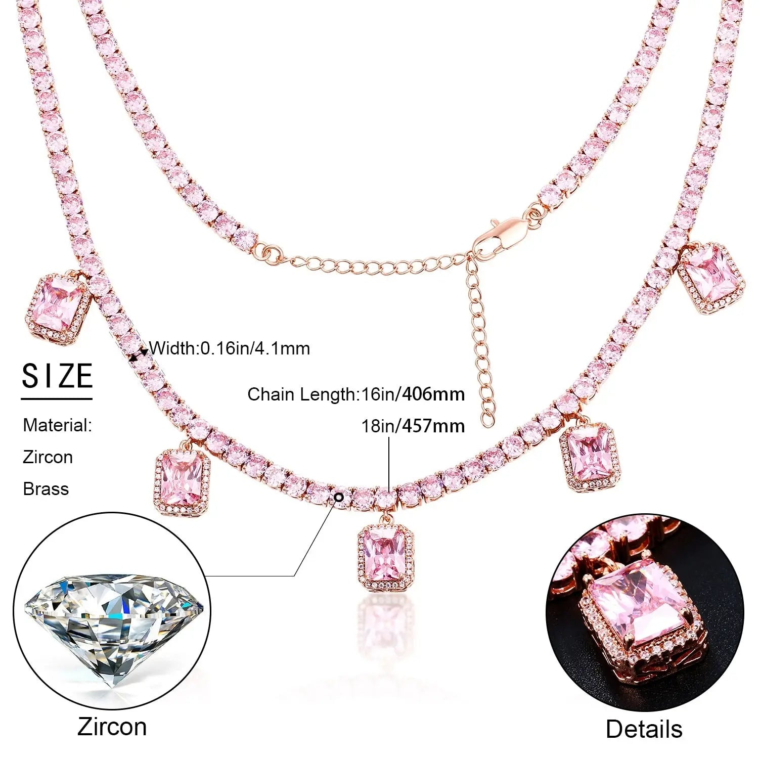 Red Pink Square Gem Stone Tennis Chain Luxury Charm Choker For Women Ladies Necklaces Party Dress Accessiory For Wedding Chain-3