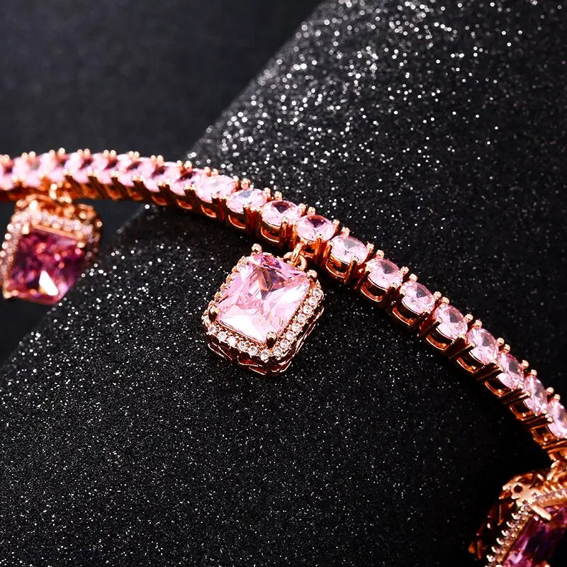 Red Pink Square Gem Stone Tennis Chain Luxury Charm Choker For Women Ladies Necklaces Party Dress Accessiory For Wedding Chain-5