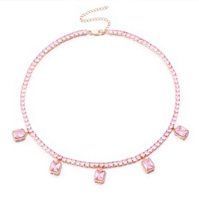 Red Pink Square Gem Stone Tennis Chain Luxury Charm Choker For Women Ladies Necklaces Party Dress Accessiory For Wedding Chain-6