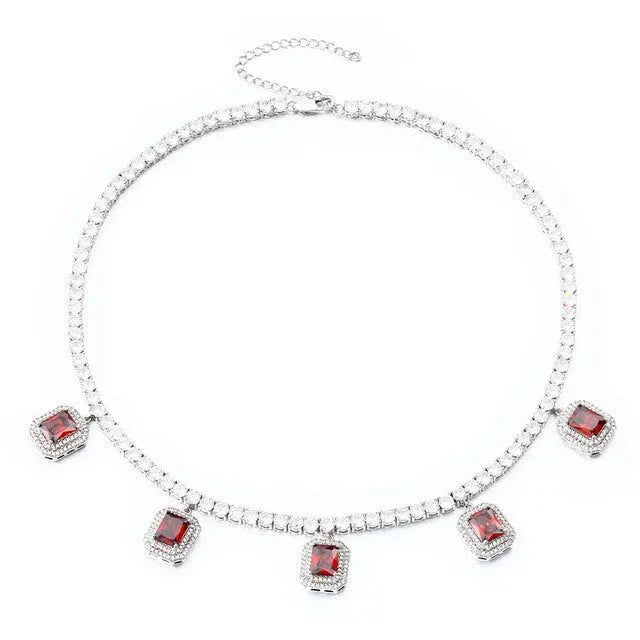 Red Pink Square Gem Stone Tennis Chain Luxury Charm Choker For Women Ladies Necklaces Party Dress Accessiory For Wedding Chain-9