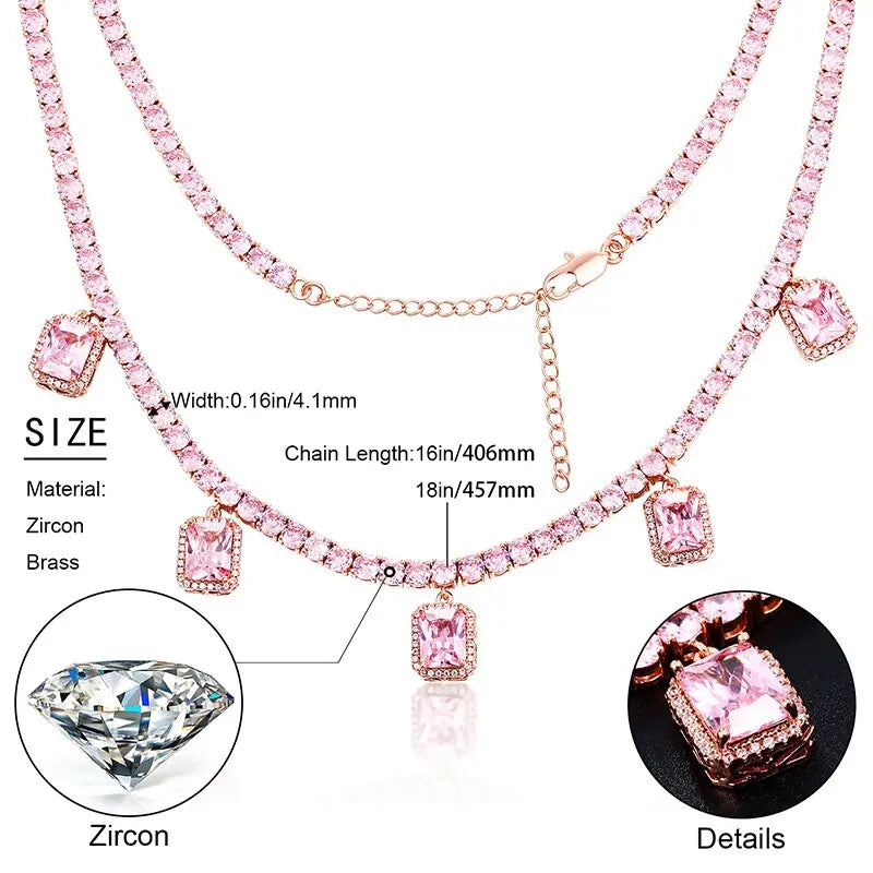 Red Pink Square Gem Stone Tennis Chain Luxury Charm Choker For Women Ladies Necklaces Party Dress Accessiory For Wedding Chain-11