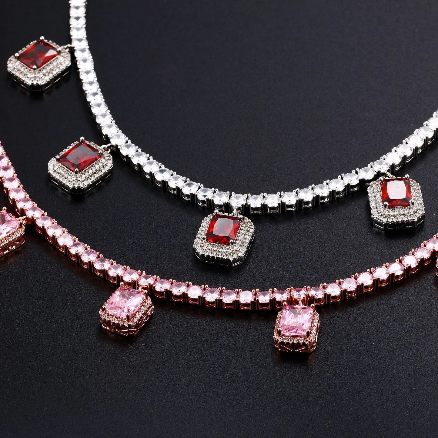 Red Pink Square Gem Stone Tennis Chain Luxury Charm Choker For Women Ladies Necklaces Party Dress Accessiory For Wedding Chain-12