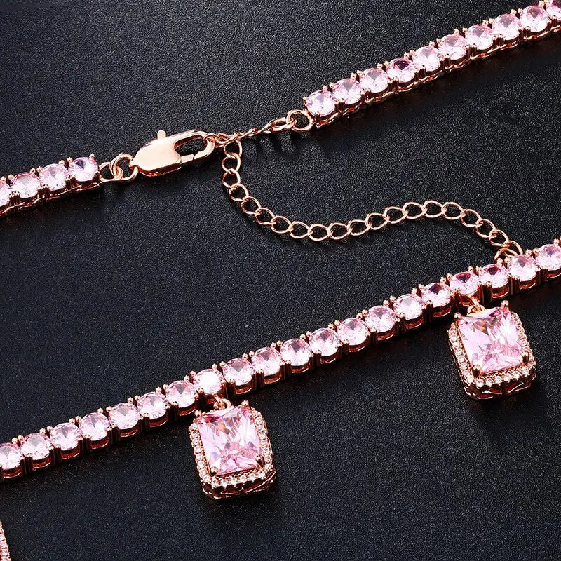 Red Pink Square Gem Stone Tennis Chain Luxury Charm Choker For Women Ladies Necklaces Party Dress Accessiory For Wedding Chain-15