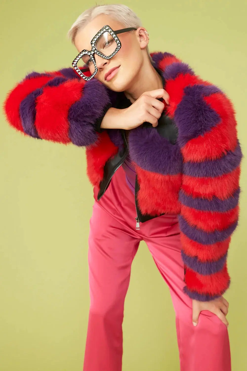 Red - Purple Faux Fur Stripe Bomber Jacket-0