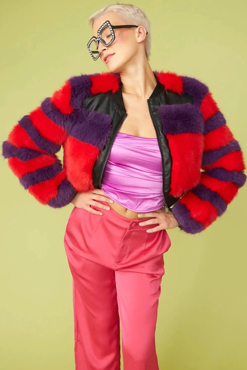 Red - Purple Faux Fur Stripe Bomber Jacket-1