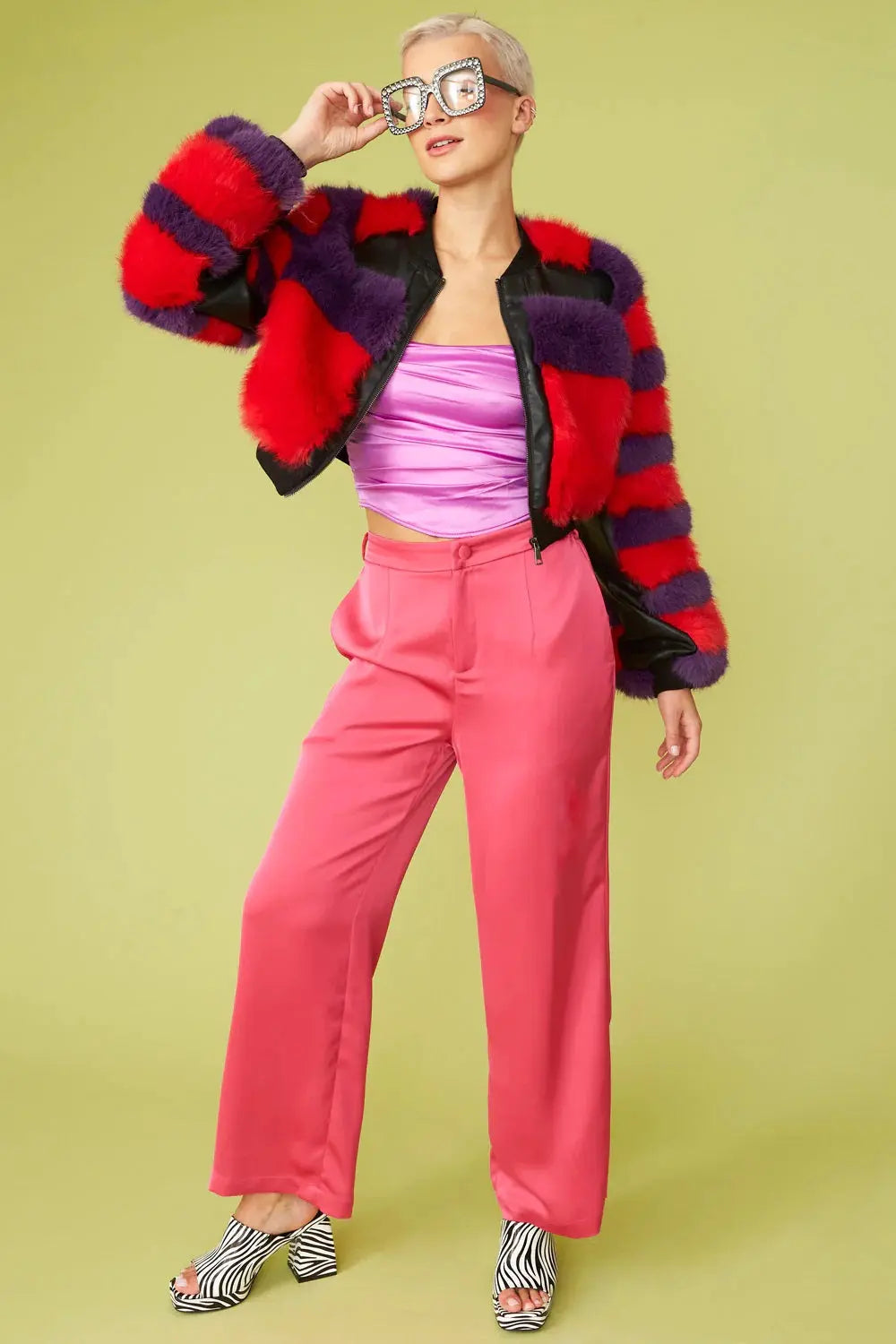 Red - Purple Faux Fur Stripe Bomber Jacket-2