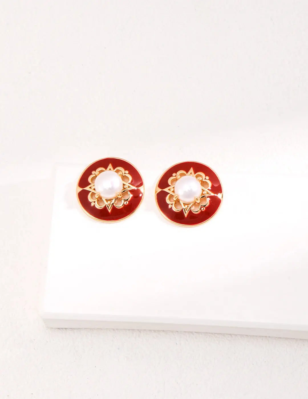 Red Round Classic Drip Glaze Pearl Stud Earrings-0