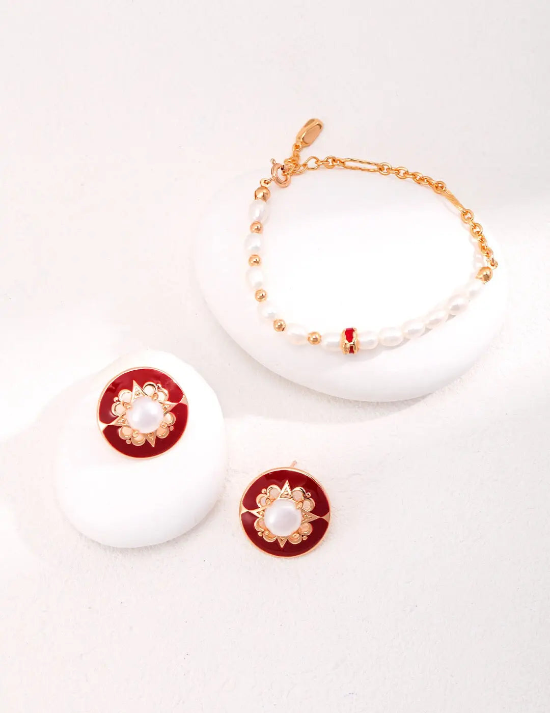 Red Round Classic Drip Glaze Pearl Stud Earrings-2