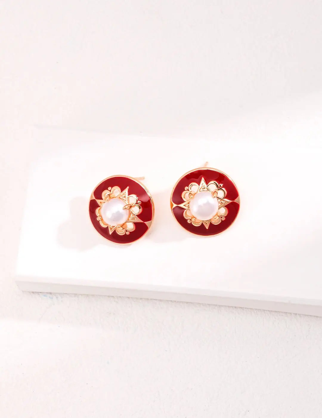 Red Round Classic Drip Glaze Pearl Stud Earrings-3