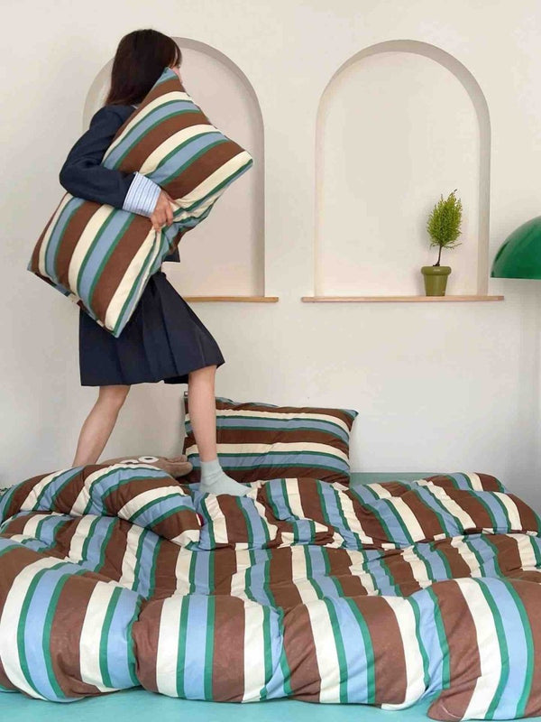 Retro Earthy Tone Stripe Duvet Cover Set with Pillowcases, 100% Cotton - Memoriex 